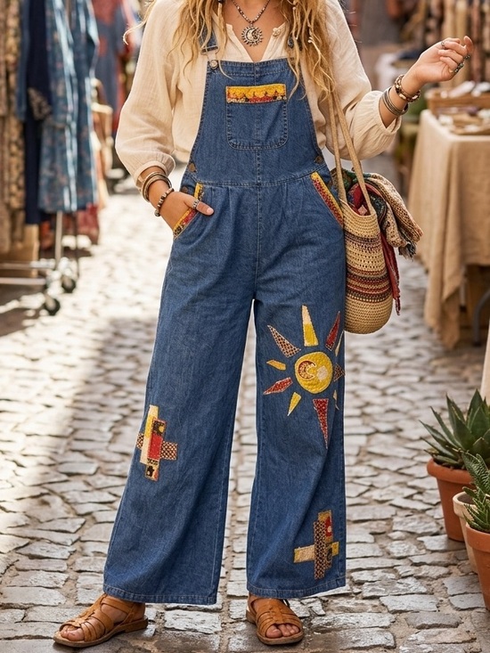 Handmade Pants - Handmade Kantha Patchwork Wide Leg Boho Hippie Overalls